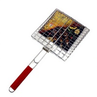 Pince de barbecue portable avec poignée en bois et filet, pour grillades de poisson et de viande
