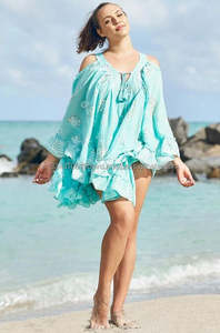 Encantador turquesa impreso de alta baja Mini vestido de la última de las mujeres ropa de gran tamaño Resort vestido verano playa encubrimiento Kaftan - Product Image 3