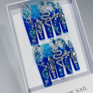 Lot de 10 faux ongles en acrylique à presser, style Y2K, longs, avec strass bleus et diamants, ongles artificiels brillants, boîte personnalisée - Product Image 5
