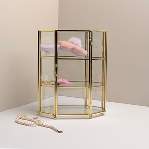 Boîte de rangement octogonale en verre transparent à trois couches avec cadre en métal, organisateur de bijoux, présentoir de bureau, or et argent - Product Image 1
