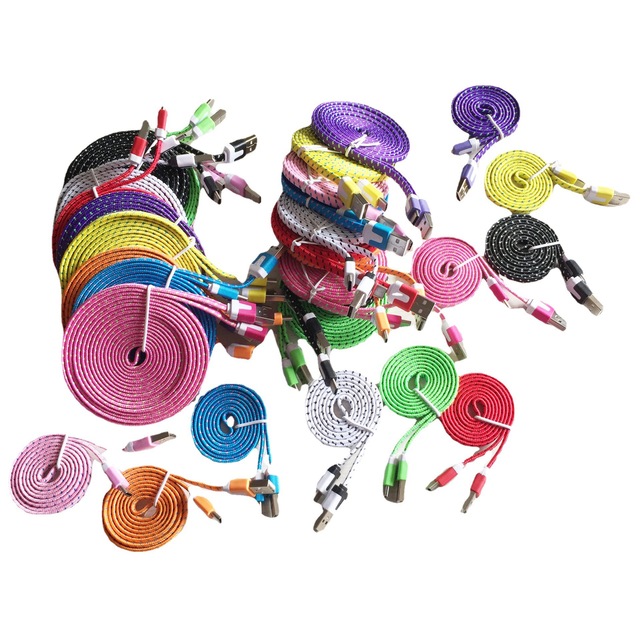 High Quality Braided Universal Micro /Type C IOS Flat USB Cables 1M 2M 3M Mobile Phone USB Charging Noodle Data Cable