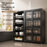Meuble de rangement de cuisine haut en acier au carbone inoxydable contemporain, étagère multi-niveaux, unité de garde-manger avec porte en verre ondulé, support pour ustensiles de cuisine