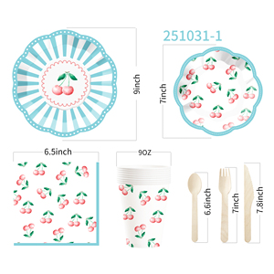 DAMAI Nuevo Juego de Vajilla Desechable con Diseño Personalizado de Frutas, Platos, Vasos y Servilletas de Papel Azules con Temática de Cereza - Product Image 5