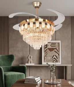 Ventilateur de plafond LED élégant en cristal doré avec pales rétractables, télécommande, lumière silencieuse, style lustre pour la décoration intérieure - Product Image 2