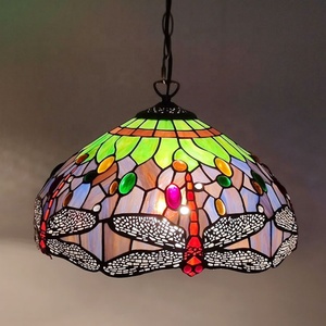 LongHuiJing 16-Inch Wide Tiffany Style Dome Pendant <b>Light</b> Colorful Dragonfly Stained Glass Shade Adjustable Height Middle Size - Product Image 1