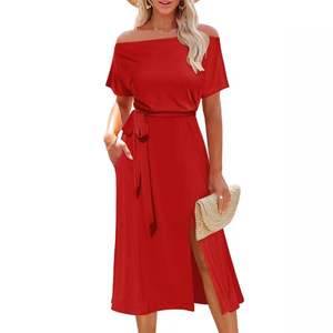European and American <b>Summer</b> Women's Sexy <b>Strapless</b> Short Sleeve Tie Waist Split Midi <b>Dresses</b> - Product Image 5
