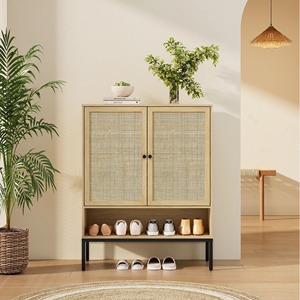 Armoire à chaussures moderne autoportante au design épuré avec portes en rotin, capacité de 18 paires, finition noire élégante - Product Image 1
