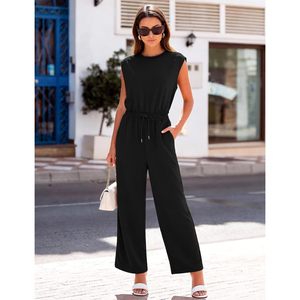 Mono sin mangas de pierna ancha para mujer, de cintura alta con cordón, transpirable, de una pieza, con bolsillos, para uso diario - Product Image 3