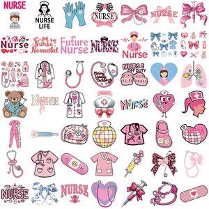 Paquete de 50 pegatinas de garabato de enfermera con lazo rosa para <span class=keywords><strong>guitarra</strong></span>, cuaderno, equipaje, decoración impermeable DIY - Product Image 5
