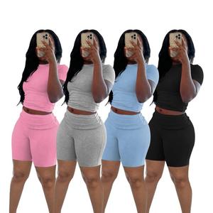 Set da donna rosa da donna girocollo manica corta e pantaloncini con orlo con risvolto in due pezzi Set <span class=keywords><strong>abbigliamento</strong></span> da donna - Product Image 2