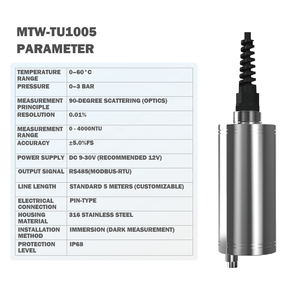 Sensor de Turbidez Digital MTW - Origen China, Garantía de 1 Año, OBM/ODM/OEM, Rango de 0-4000 NTU, Precisión del 5.0% FS, Dispersión de 90 Grados - Product Image 3