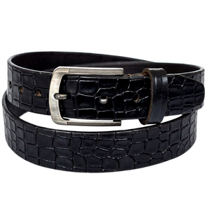 Ceinture en cuir pleine fleur de luxe, écologique, durable et confortable, avec sangle texturée noire et boucle ardillon argentée, formelle et unisexe - Product Image 1