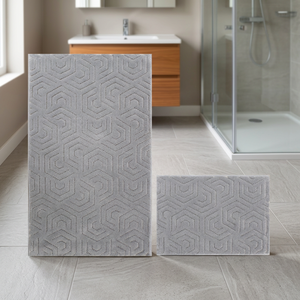Ensemble de tapis de bain géométriques modernes en jacquard gris clair Blakel, 2 pièces, coton, 40x60cm + 60x100cm, pour la maison et l'hôtel, fabriqué en Turquie - Product Image 3