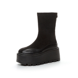 Bottes en <span class=keywords><strong>cuir</strong></span> vintage pour femmes, style simple et élégant, à semelle épaisse, rehaussantes, mi-<span class=keywords><strong>mollet</strong></span> - Product Image 1