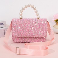 Sac fourre-tout bandoulière mignon pour filles, couleur unie, à paillettes, avec poignée en perles, en polyester, pour l'exportation