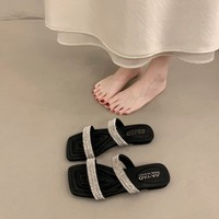 Chaussons d'été polyvalents à strass style coréen, à semelle plate et bout ouvert, pour femmes