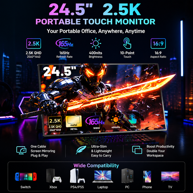 Multi Interface Portable Monitor 24.5 Inch Touch Screen Mini DP Type-C 3.5mm Headphone Port Game Console Ready