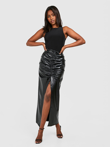 <span class=keywords><strong>Jupe</strong></span> plissée élégante en similicuir mat pour femme, taille haute vintage, extensible, en PU, longueur midi, avec fente haute, pour soirée et clubwear - Product Image 2