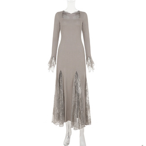 French elegant lace inset spliced square neck flared sleeve <b>dress</b> socialite temperament fashion slim gentle long <b>dress</b> - Product Image 6