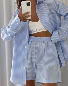 2022 In Stock Wholesale Women Two Pieces Blouse And <strong>Shorts</strong> Striped Oversize Shirts And <strong>Shorts</strong> Sets - Product Image 2