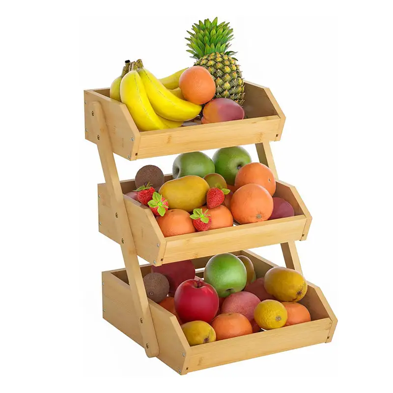 Wholesale Large 3-Tier Bamboo Fruit Basket Bowl for Kitchen Countertop Vegetable Wood Food Basket Storage