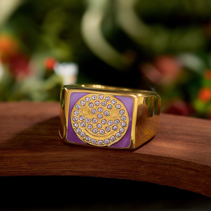 Fashion <b>Ring</b> 316L Stainless Steel PVD Gold Plating Purple Enamel Crystal Inlay <b>Adjustable</b> Band Statement Jewelry - Product Image 3