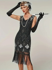 1920er Jahre Great Gatsby Vintage Perlen Pailletten Quasten Flapper Abendkleid Übergröße Cocktail Sexy Ballkleid - Product Image 1