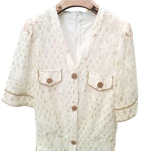 Vestido de Punto Jacquard Personalizado al por Mayor para Mujer, Cuello en V, Manga Corta, Corte en A, Botones al Frente, Ribete en Contraste, Formal, AW26, ODM, Marca Privada - Product Image 4