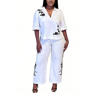 Ensemble de 2 pièces pour femmes, chemise et pantalon blancs brodés de fleurs, ensembles pour femmes africaines, mode - Product Image 2