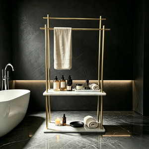 Porte-serviettes en or brossé avec étagère en marbre pour rangement et organisation dans la salle de bain - Product Image 3