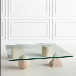 Nordic stone cubes block furniture travertine base tempered glass table top marble with glass coffee table