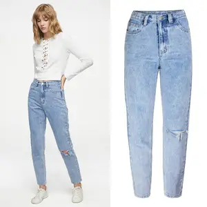 Wholesale Casual Washed Light Color Straight High Waist Ripped Women Jeans