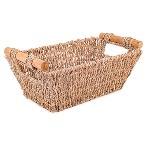 <span class=keywords><strong>Panier</strong></span> de rangement rectangulaire moderne Homeplus, tressé à la main en <span class=keywords><strong>osier</strong></span> et rotin, avec poignées en bois - Product Image 1