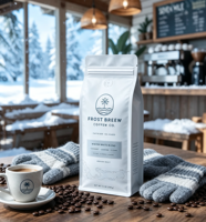 Sachet d'emballage personnalisé écologique et résistant à l'humidité pour grains de café, imprimé en héliogravure, à fond plat, avec fermeture éclair, pour aliments