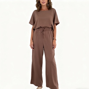 Women's Solid-Color Crew Neck Short-Sleeve Top With <b>Tie</b>-Waist Pants 2-Piece Set Fashion - Product Image 1