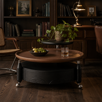Table basse ronde moderne avec plateau en bois grainé et base tambour à roulettes pour salon, appartement, hôtel, intérieur