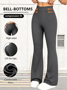 High Waist <b>Flared</b> Leg Yoga <b>Leggings</b> Full Length Solid Black Seamless Four-Way Stretch Elastic Waist Spandex/Polyester 220g - Product Image 3