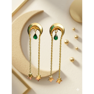 Celestial Crescent <b>Earrings</b> - <b>Gold</b> Moon & Star <b>Dangles</b> - Long Chain Galaxy Jewelry - Product Image 3