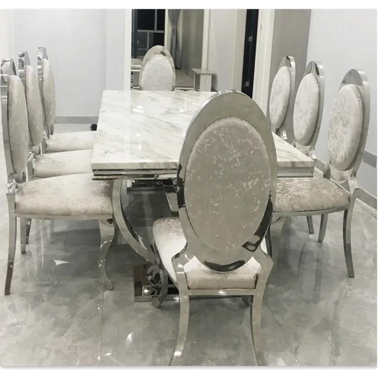 Cahaya Mewah Stainless Steel Marble Top 2M/2.4M 8-10 Kursi Makan Meja