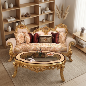 Teakwood Three Seater Antique <b>Gold</b> <b>Sofa</b> Set with Matching Table Handcrafted Foam Tufted Luxury Apartment Living Room Furniture - Product Image 3