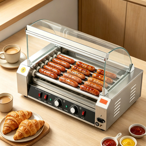 Parrilla de Mesa para Hot Dogs de Acero Inoxidable con 7 Rodillos, Parrilla para <span class=keywords><strong>Salchichas</strong></span> con Luz LED Cálida y Cubierta de Vidrio, Nueva - Product Image 2