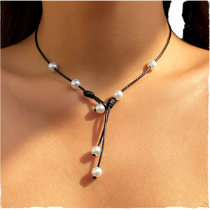 <span class=keywords><strong>Collana</strong></span> Lariat Vintage Trendy in Pelle Nera e Marrone <span class=keywords><strong>con</strong></span> Catene e Nappa di <span class=keywords><strong>Perle</strong></span>, Certificata per Feste, Regalo per Bambini e Donne - Product Image 1