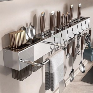 Stainless Steel <b>Kitchen</b> Knife <b>Rack</b> Wall Mounted Multi Functional Chopstick Holder With Hooks And Towel Bar For Utensil Storage - Product Image 2