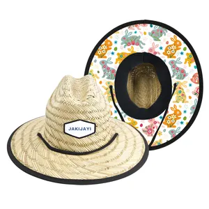 Summer Custom Logo Bottom Fabric Design Kids Baby Beach Straw Hat Natural Grass Toddler Infant Children Girl Lifeguard Straw Hat