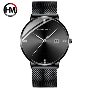 <span class=keywords><strong>Hannah</strong></span> Martin nouveau noir grand cadran incrusté de diamants simple conception à trois aiguilles hommes japon mouvement montre à quartz en acier inoxydable dos - Product Image 6