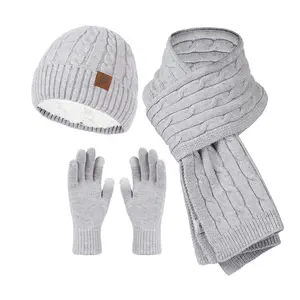 冬季帽子保暖定制刺绣标志针织3 pcs围巾手套豆豆帽子套装