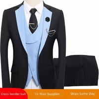 Ensemble de costume trois pièces pour homme, noir et beige, formel, pour affaires, mariage, soirée, veste, gilet, pantalon, coupe ajustée
