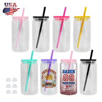 Gobelet à double paroi en acrylique transparent de 16 oz, type Mason Can, avec couvercle en plastique coloré, pour vinyle UV DTF, très vendu aux États-Unis