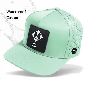 Custom Pvc Logo 5 Panel Flat Bill Sports Snapback Cap Waterproof Laser Cut Hole Perforated Snapback Hat