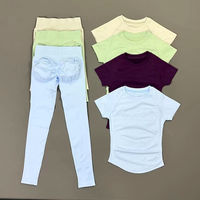 2Pcs Set Fitness Wanita Elastis Tinggi Tanpa Jahitan Atasan Lengan Pendek Legging Pinggang Rendah Kontrol Perut Pengangkat Bokong Yoga Gym